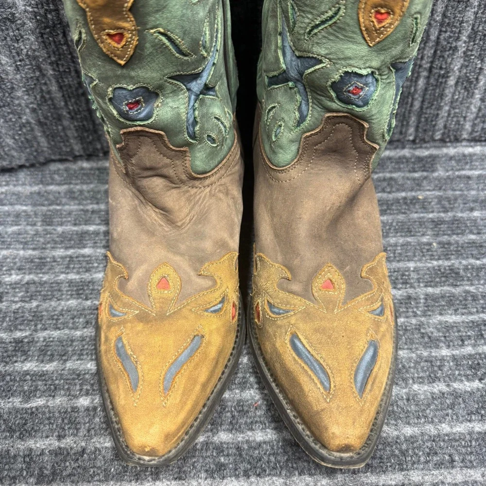 Danpost Western Cowboy Boots 5.5D Brown Green Floral Embroidery DPC-3151 Good
